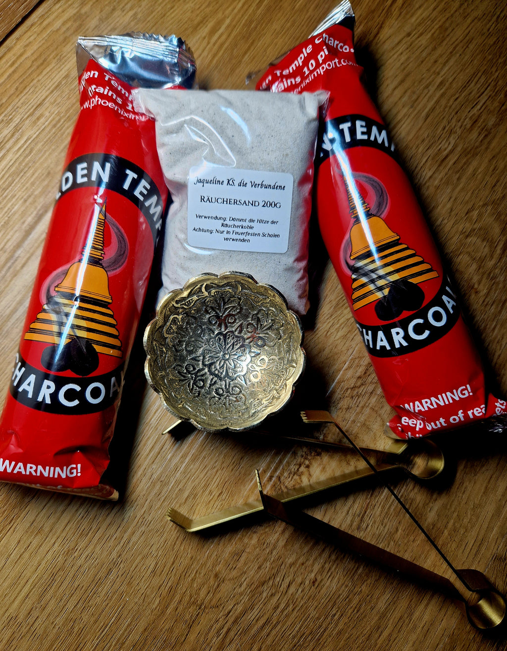 Goldenes Räucher-Komplettset – Messingschale, 2 Zangen, 33 mm Kohle & Sand
