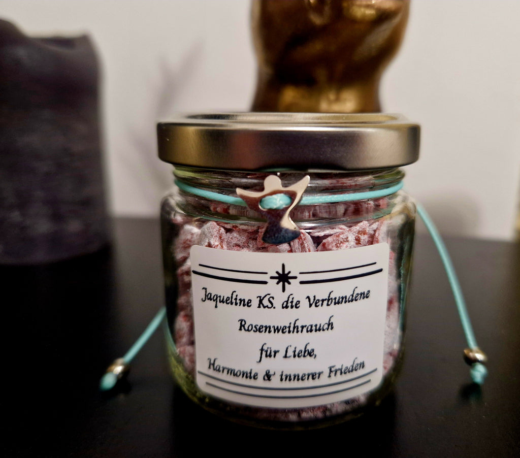 🌹 Rosenweihrauch im Glas (ca. 55 g) für Liebe, Harmonie und innerer Frieden – inkl. Engel-Armband