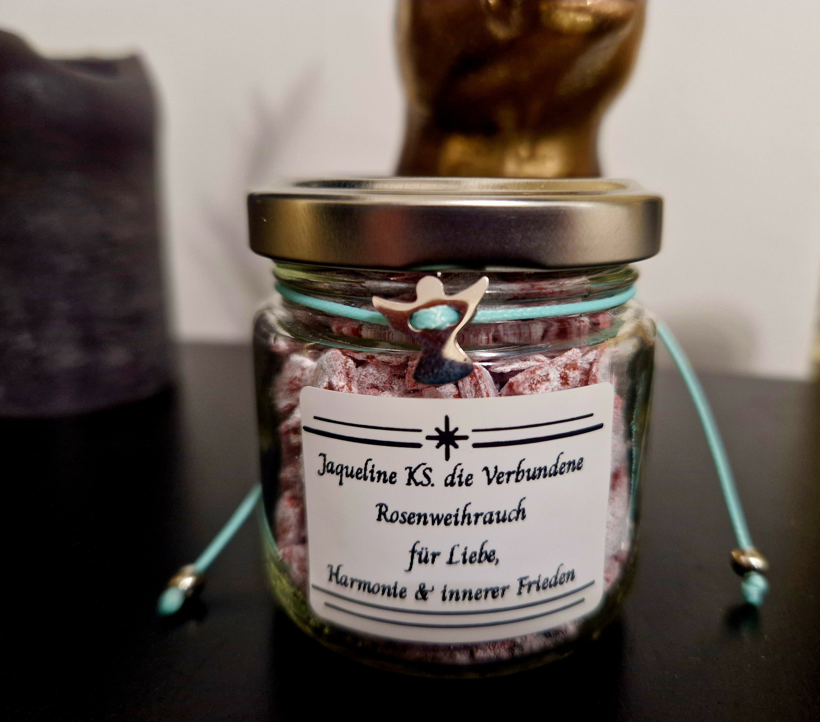 🌹 Rosenweihrauch im Glas (ca. 55 g) für Liebe, Harmonie und innerer Frieden – inkl. Engel-Armband