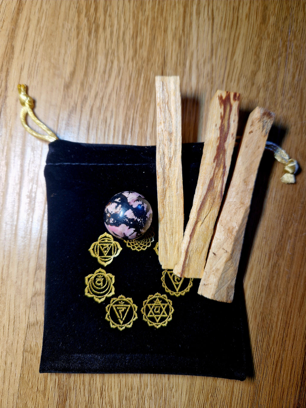 Rhodonit Energie Set mit Palo Santo – Einzelstück
