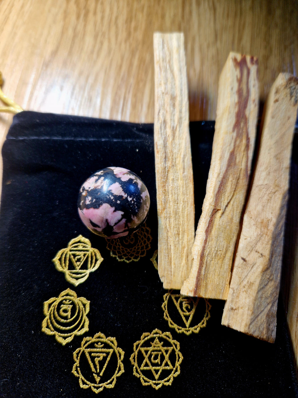 Rhodonit Energie Set mit Palo Santo – Einzelstück