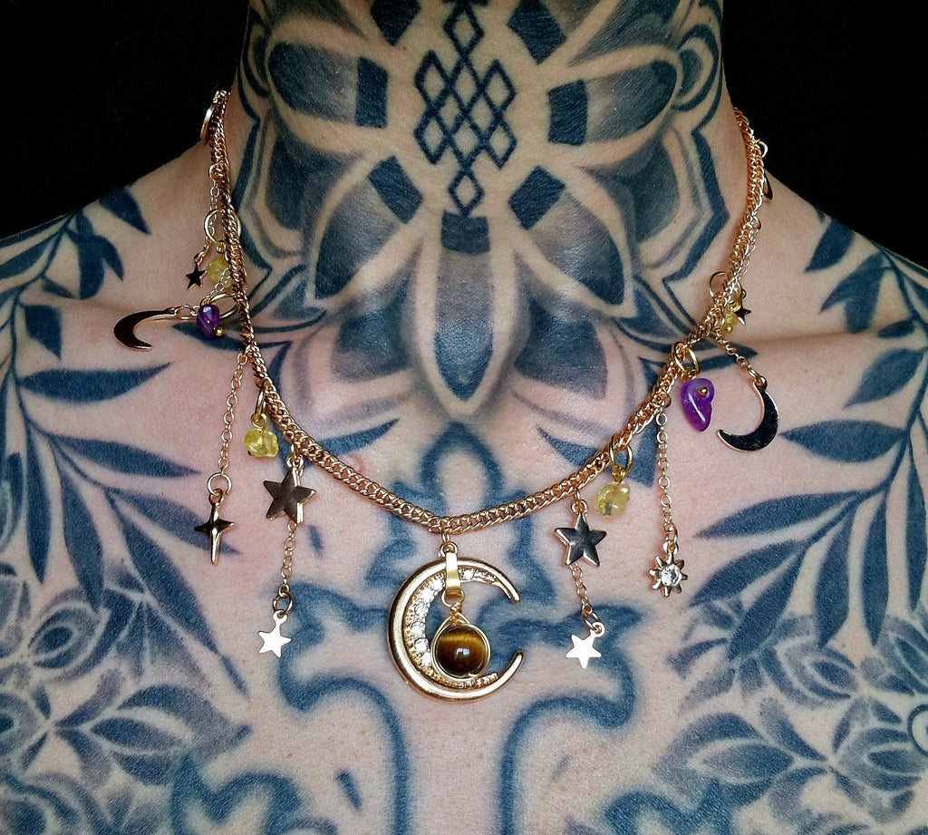 Mystische Mond Edelstahl-Halskette mit Amethyst, Citrin & Tigerauge Handgemacht