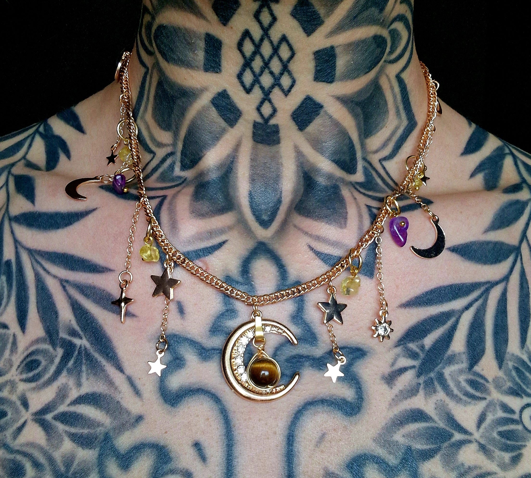 Mystische Mond Edelstahl-Halskette mit Amethyst, Citrin & Tigerauge Handgemacht