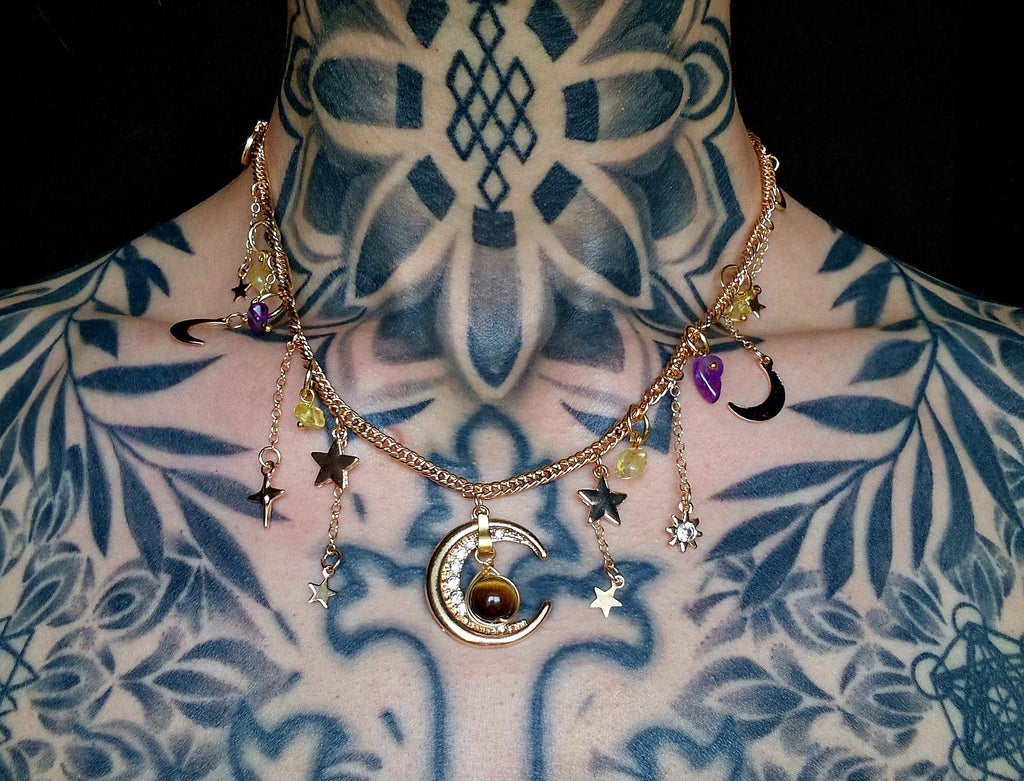 Mystische Mond Edelstahl-Halskette mit Amethyst, Citrin & Tigerauge Handgemacht