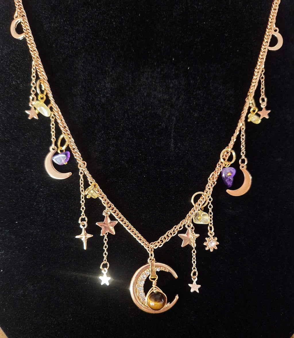 Mystische Mond Edelstahl-Halskette mit Amethyst, Citrin & Tigerauge Handgemacht