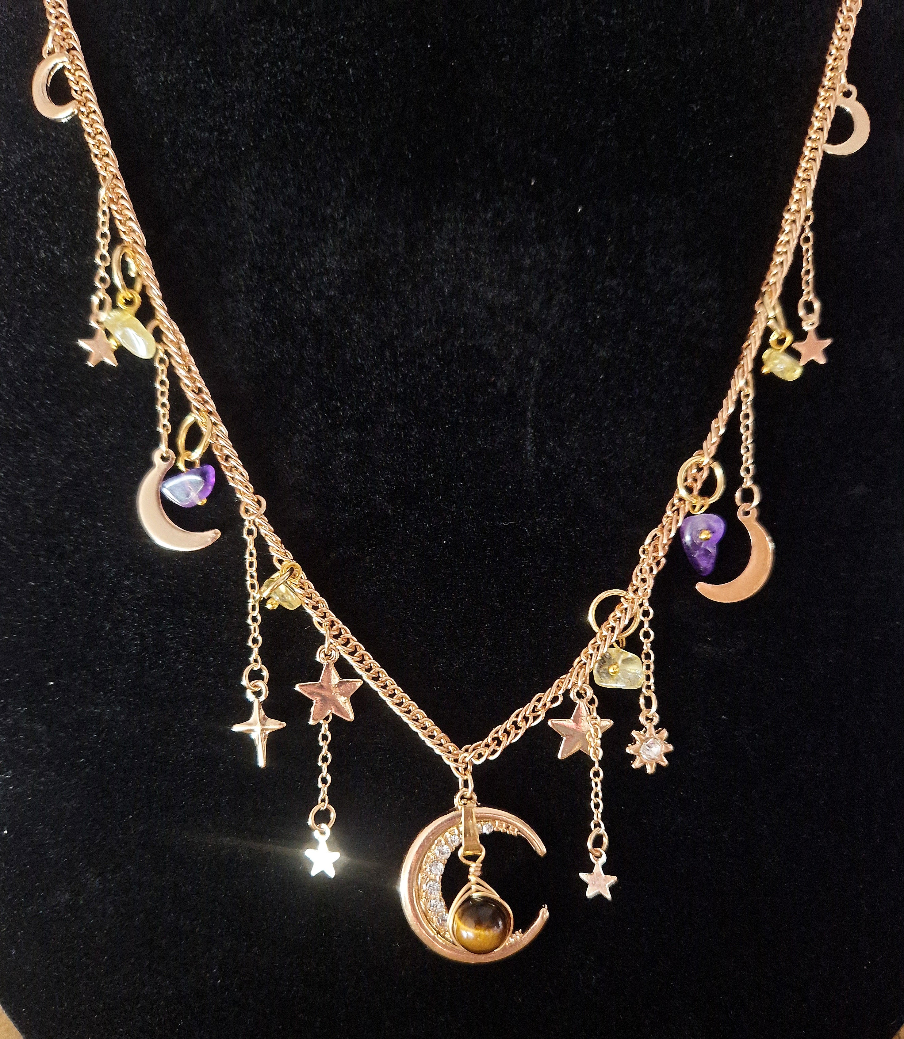 Mystische Mond Edelstahl-Halskette mit Amethyst, Citrin & Tigerauge Handgemacht