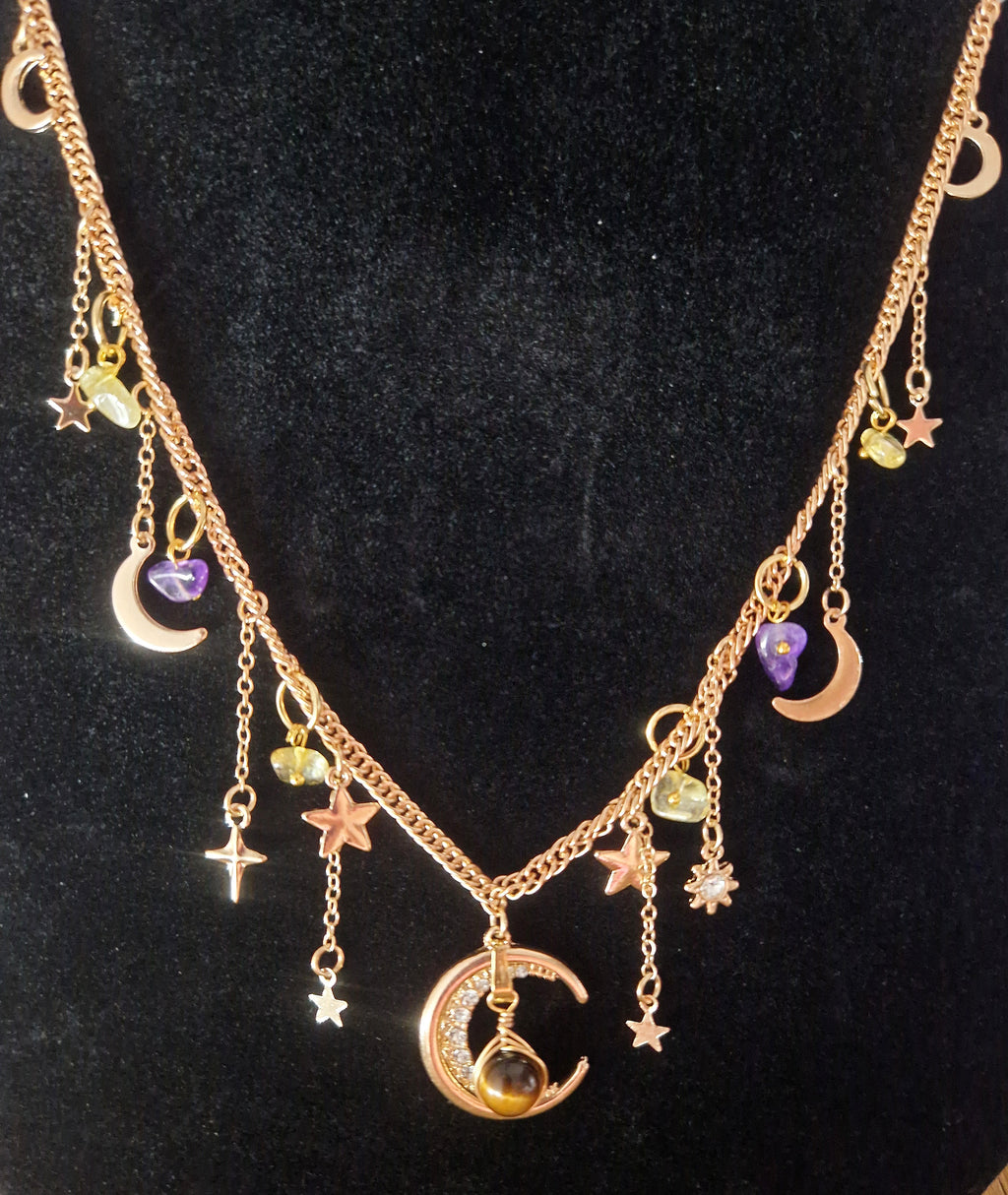 Mystische Mond Edelstahl-Halskette mit Amethyst, Citrin & Tigerauge Handgemacht