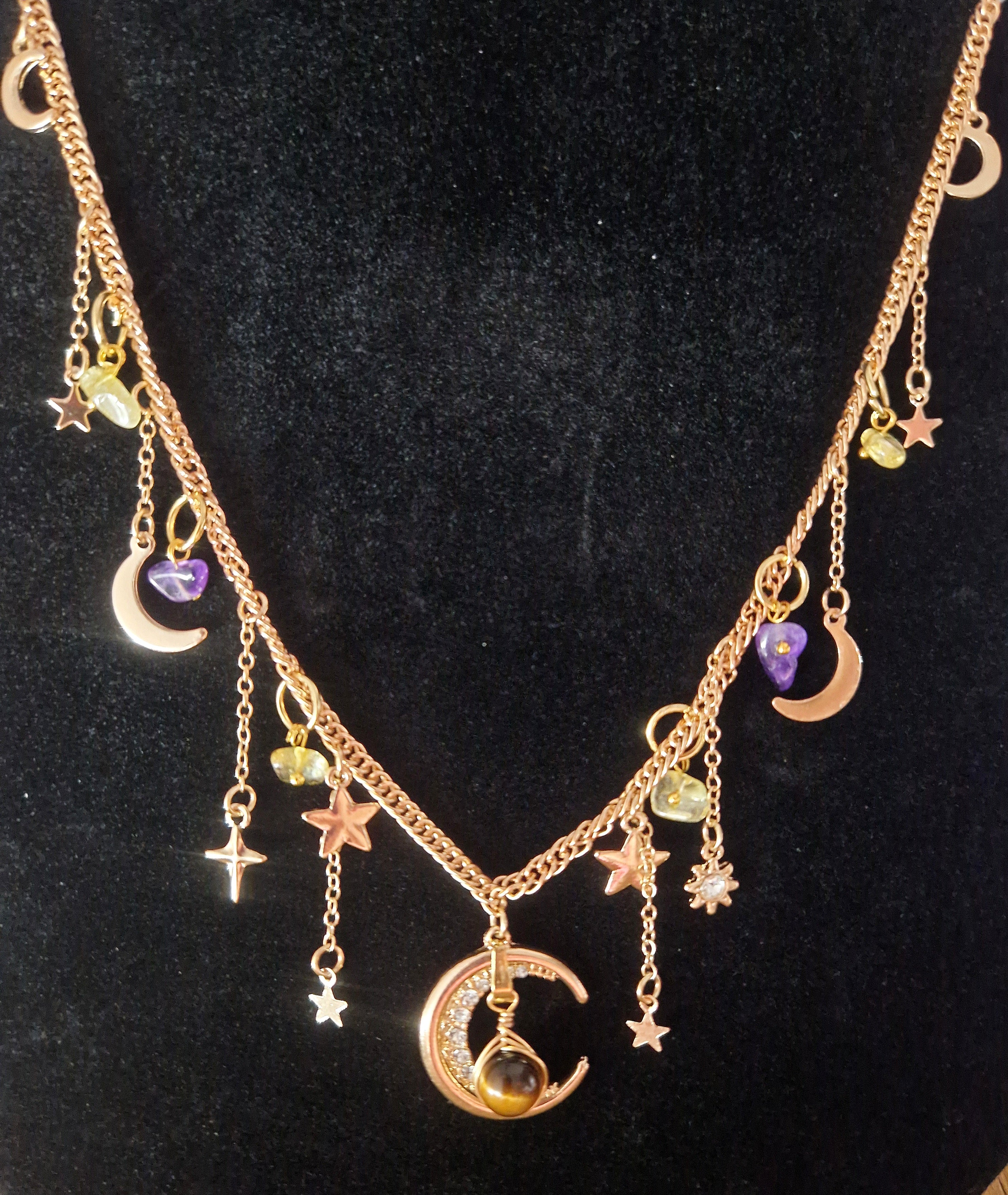 Mystische Mond Edelstahl-Halskette mit Amethyst, Citrin & Tigerauge Handgemacht
