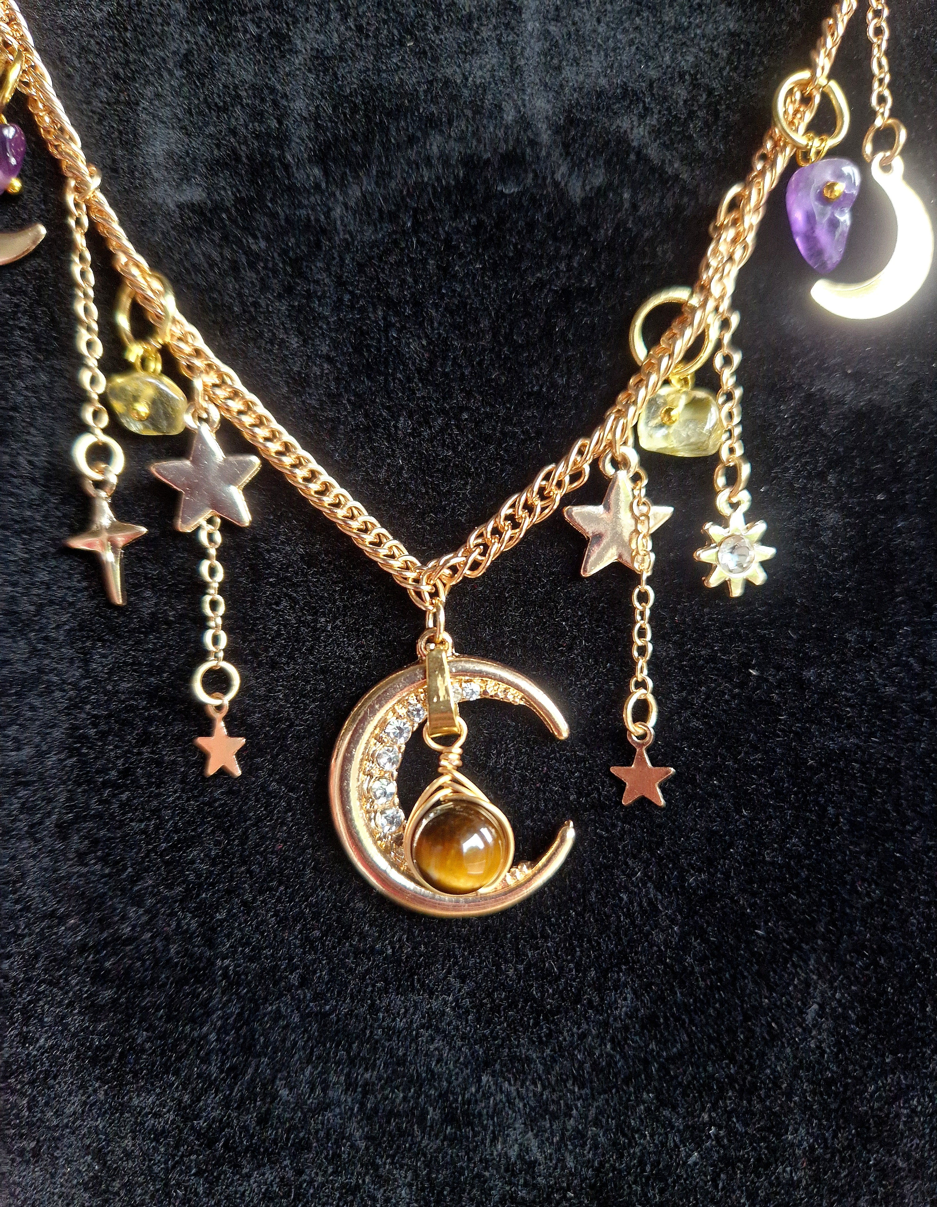 Mystische Mond Edelstahl-Halskette mit Amethyst, Citrin & Tigerauge Handgemacht