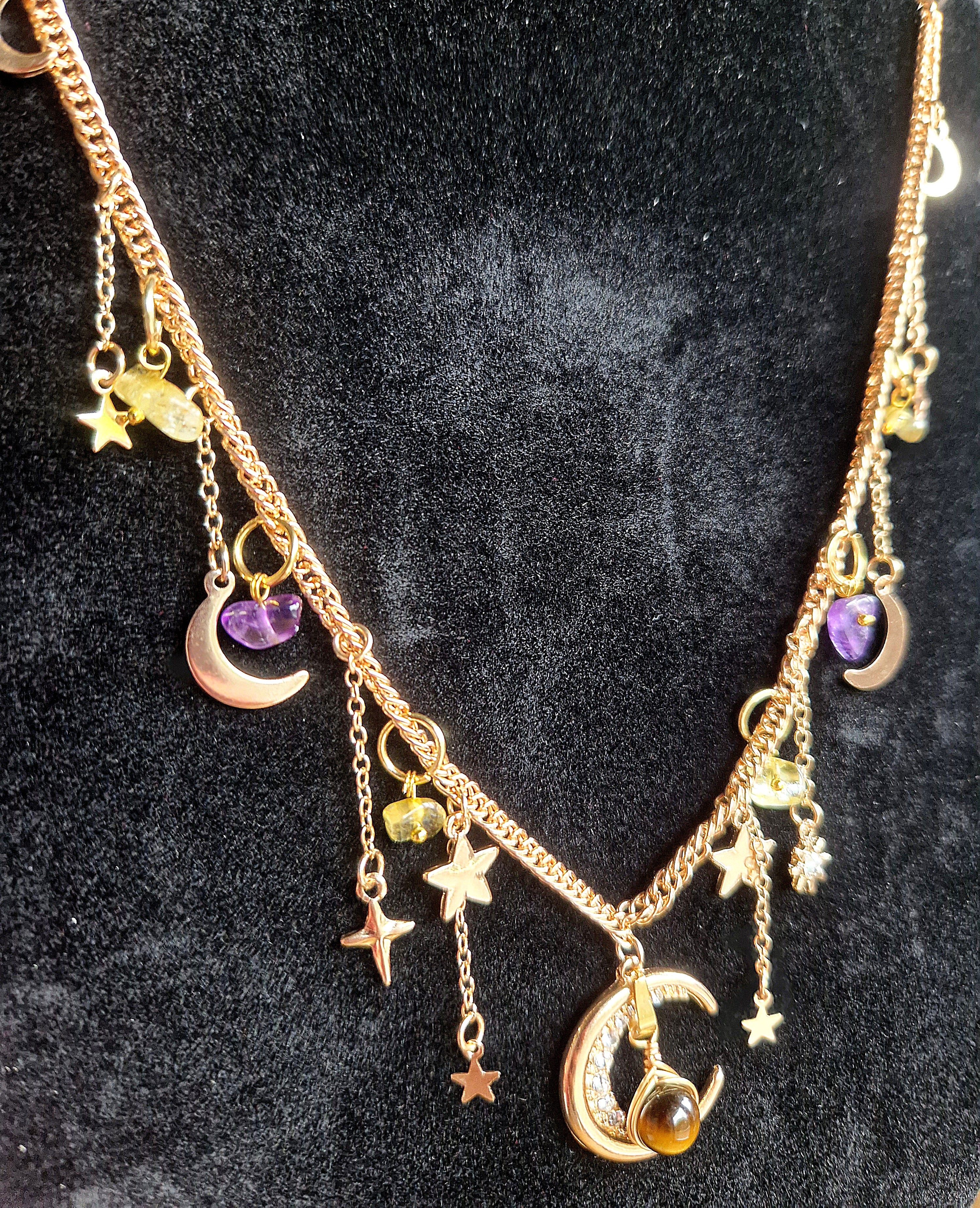 Mystische Mond Edelstahl-Halskette mit Amethyst, Citrin & Tigerauge Handgemacht