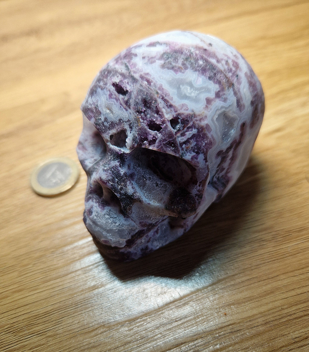 💀 Lepidolith-Achat Kristallschädel mit Quarzdrusen – 425 g – Wunderschönes Unikat 💜