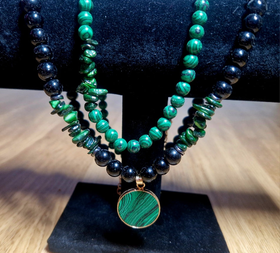 Doppelkette „Schutz & Transformation“ – Obsidian, Malachit & Muschelgrün