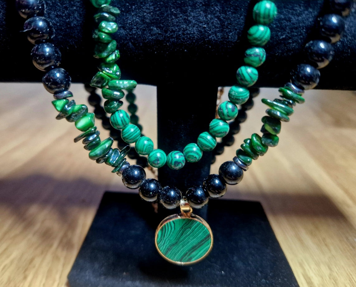 Doppelkette „Schutz & Transformation“ – Obsidian, Malachit & Muschelgrün