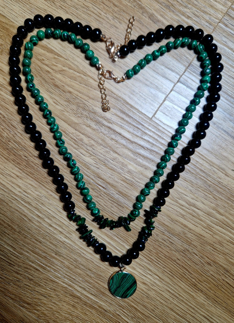 Doppelkette „Schutz & Transformation“ – Obsidian, Malachit & Muschelgrün