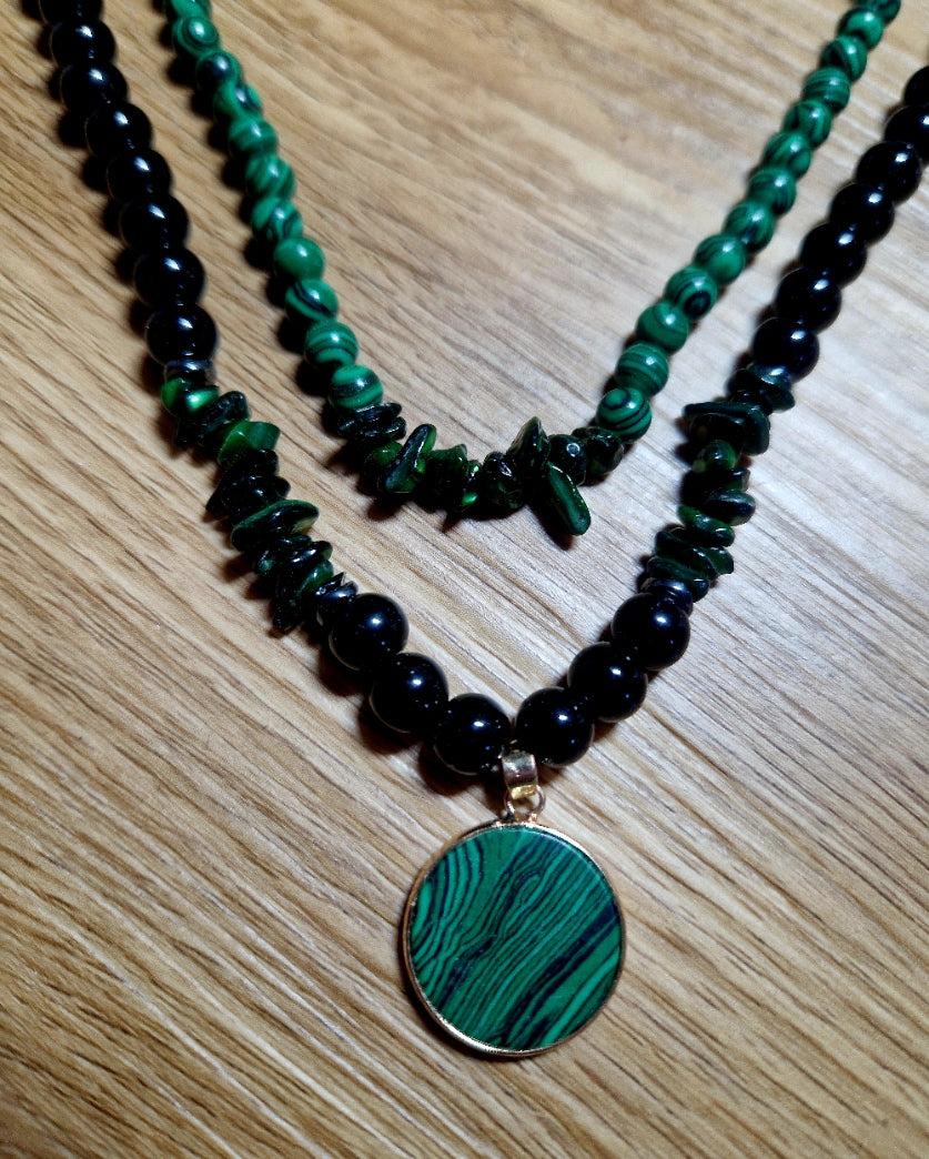 Doppelkette „Schutz & Transformation“ – Obsidian, Malachit & Muschelgrün