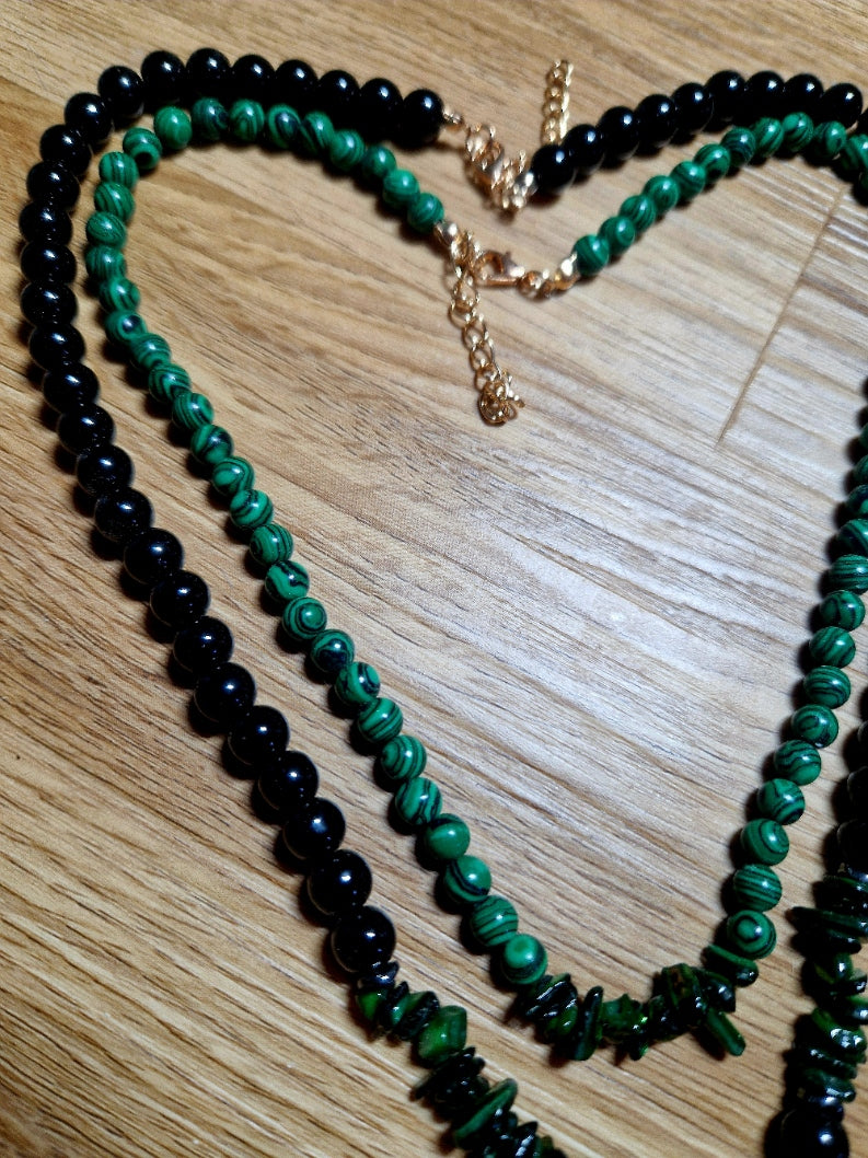 Doppelkette „Schutz & Transformation“ – Obsidian, Malachit & Muschelgrün