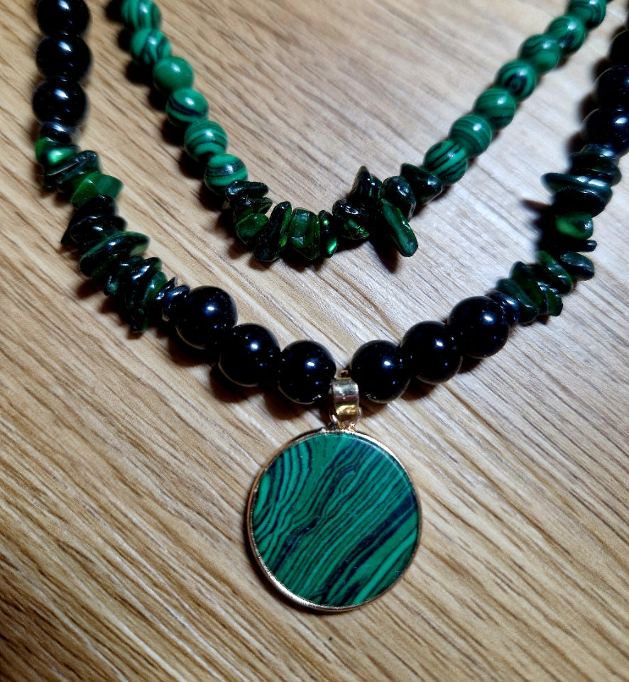 Doppelkette „Schutz & Transformation“ – Obsidian, Malachit & Muschelgrün