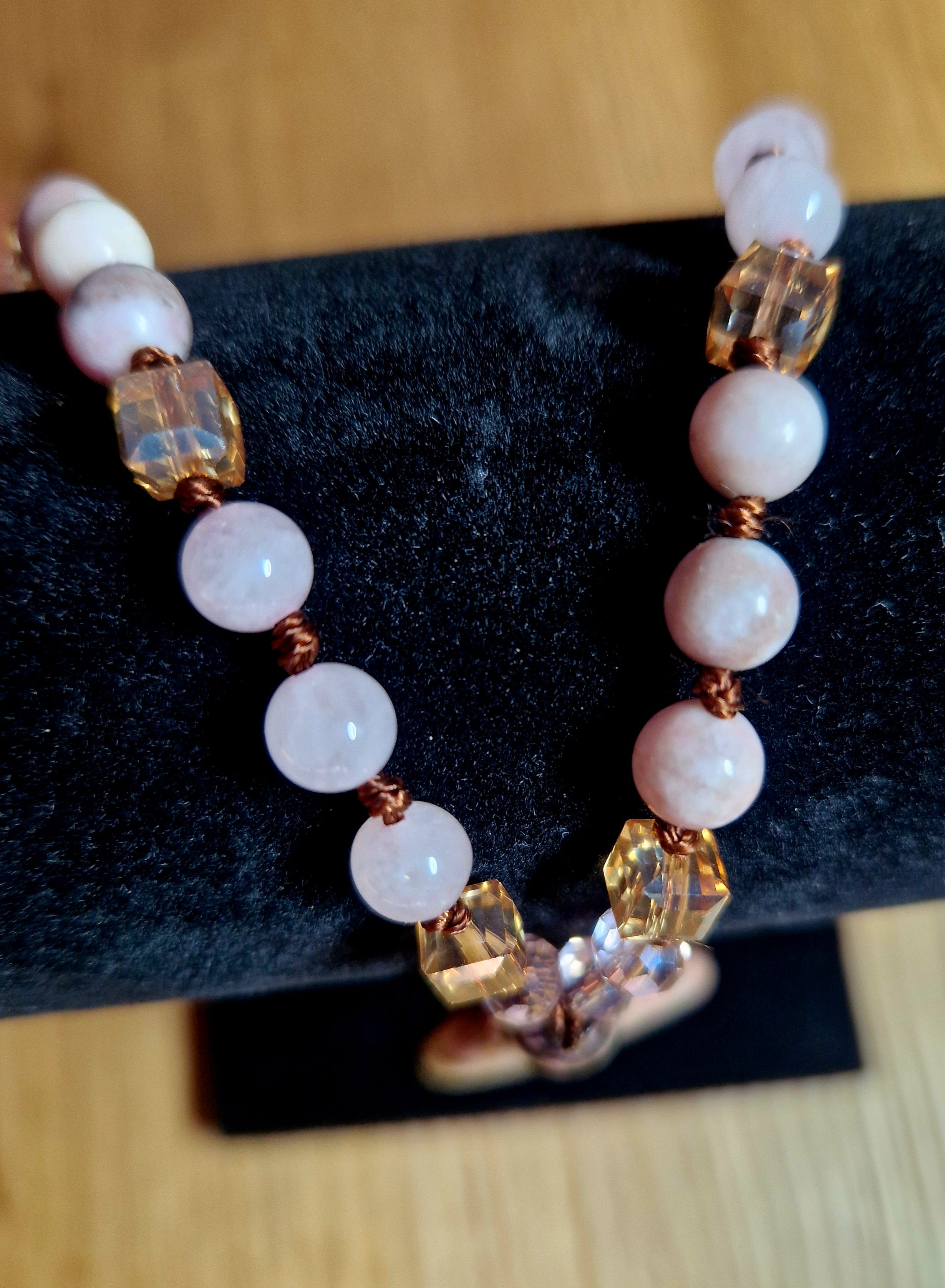Rhodonit & Rosenquarz Halskette – handgefertigtes Unikat💗Lange Edelsteinkette