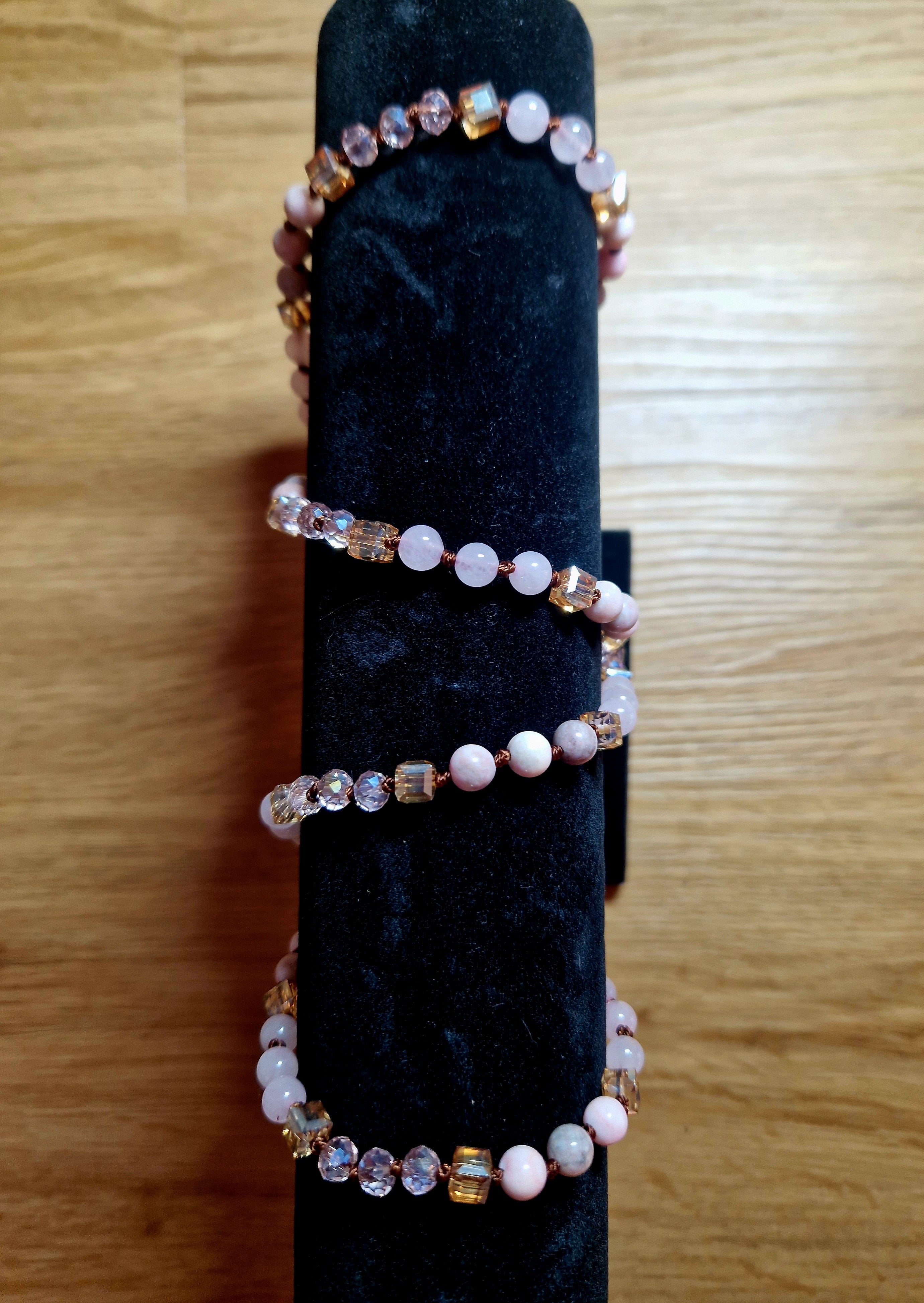 Rhodonit & Rosenquarz Halskette – handgefertigtes Unikat💗Lange Edelsteinkette