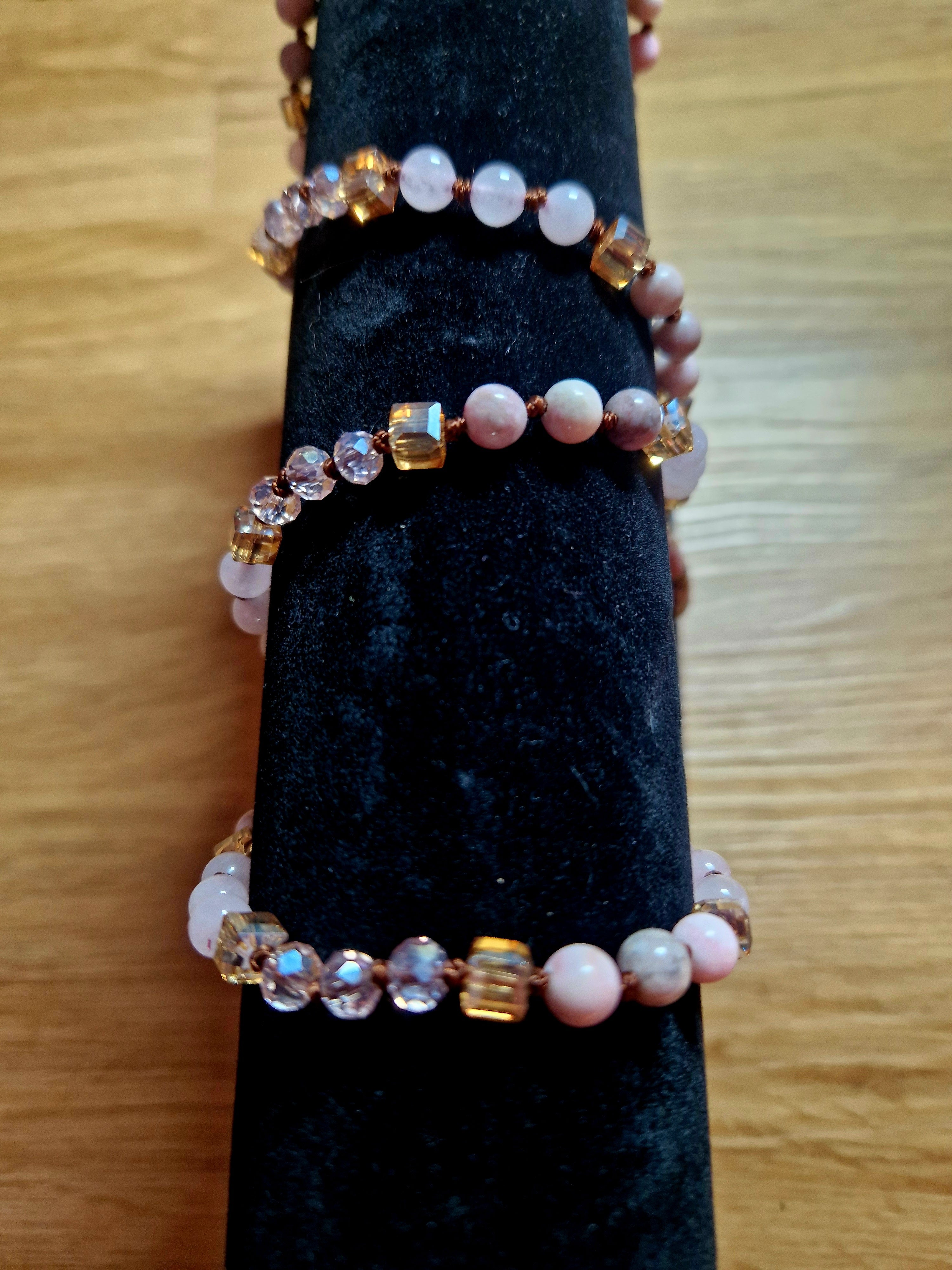 Rhodonit & Rosenquarz Halskette – handgefertigtes Unikat💗Lange Edelsteinkette