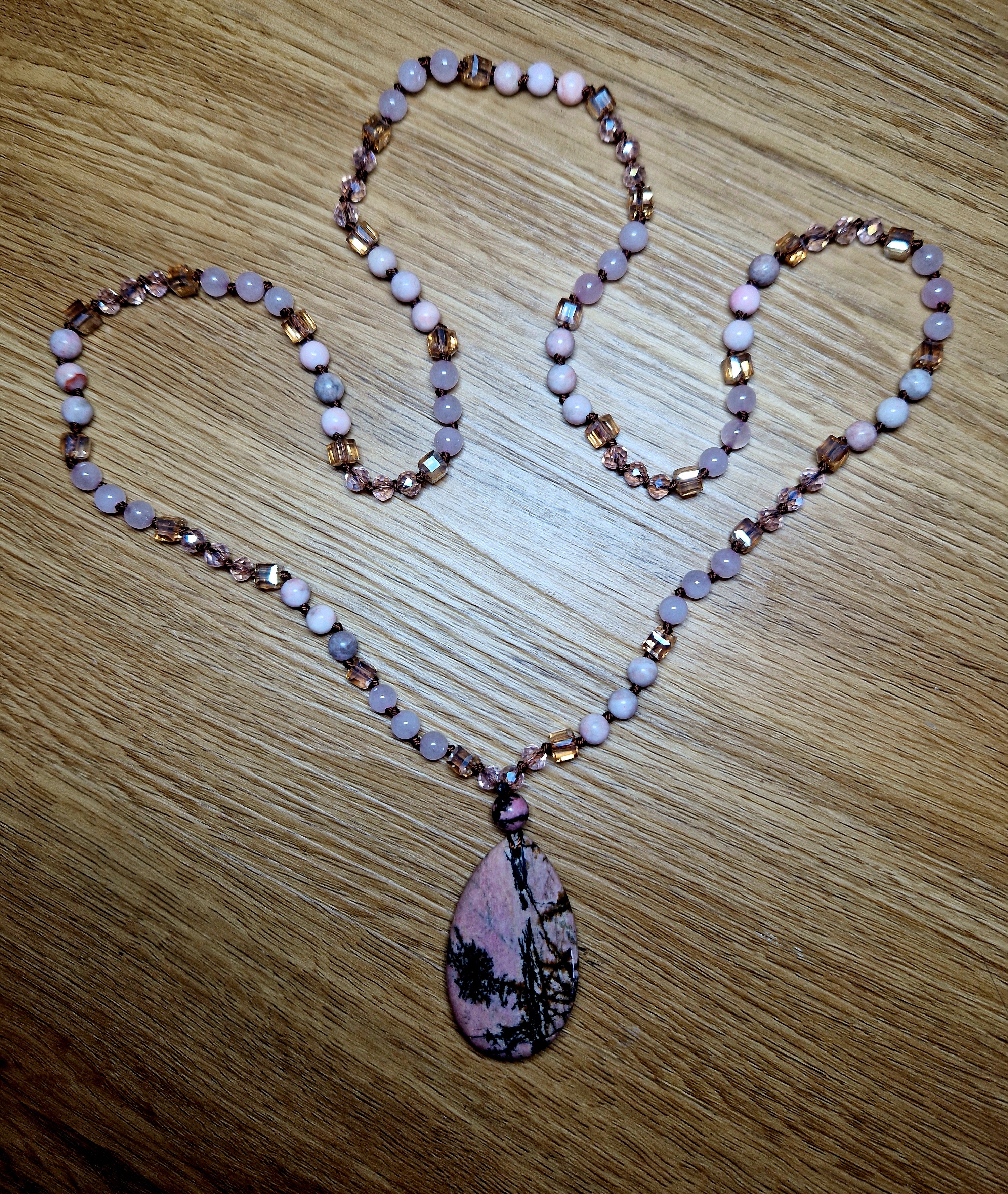 Rhodonit & Rosenquarz Halskette – handgefertigtes Unikat💗Lange Edelsteinkette