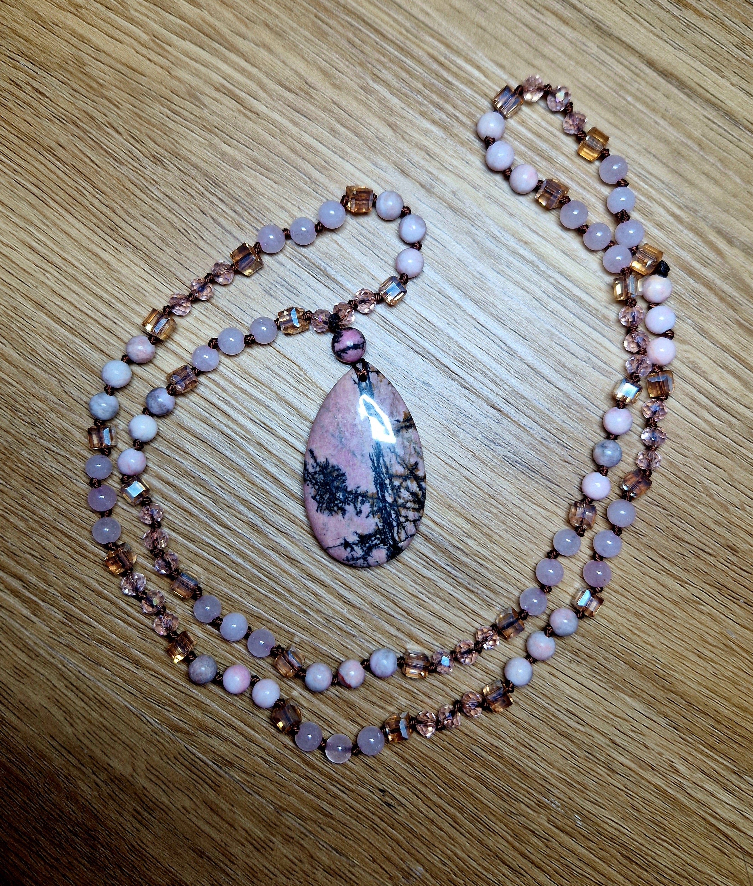 Rhodonit & Rosenquarz Halskette – handgefertigtes Unikat💗Lange Edelsteinkette