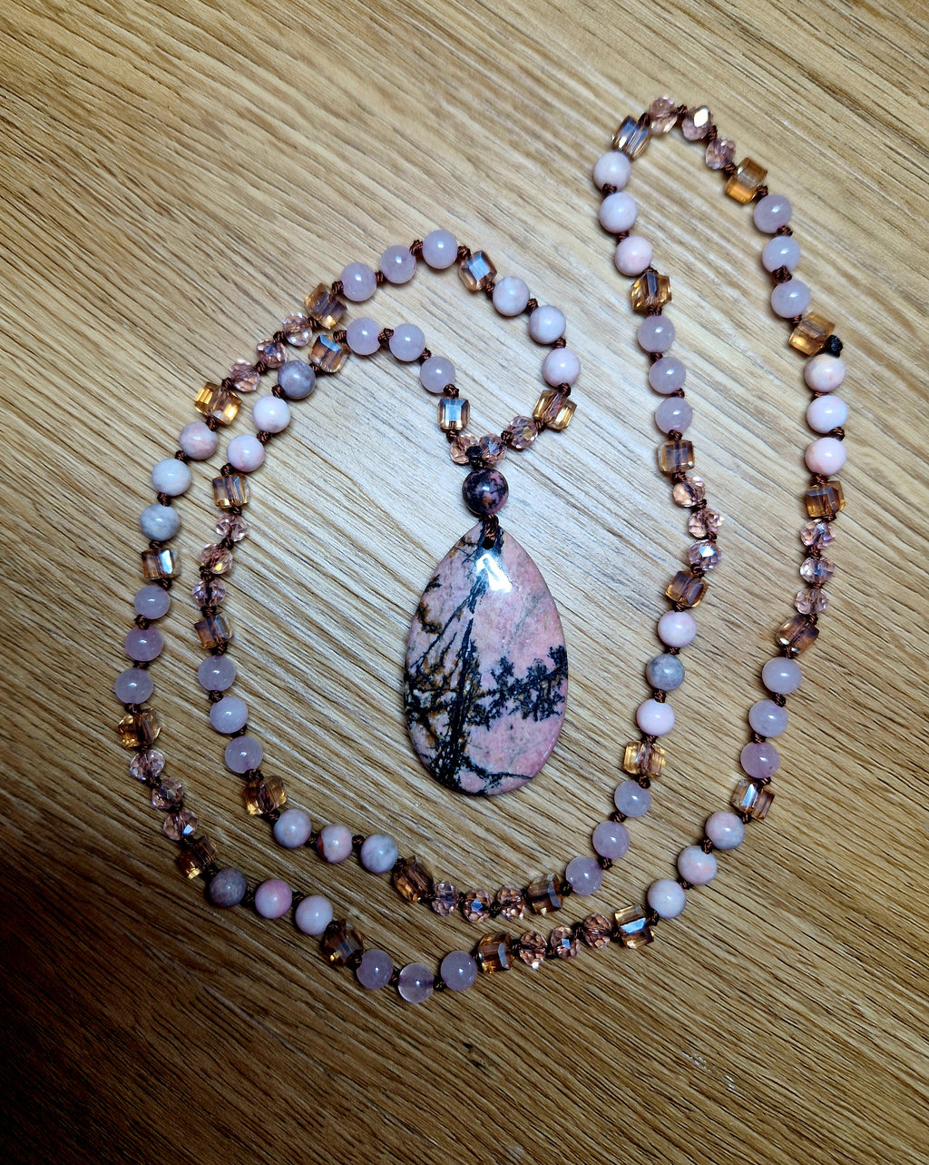 Rhodonit & Rosenquarz Halskette – handgefertigtes Unikat💗Lange Edelsteinkette