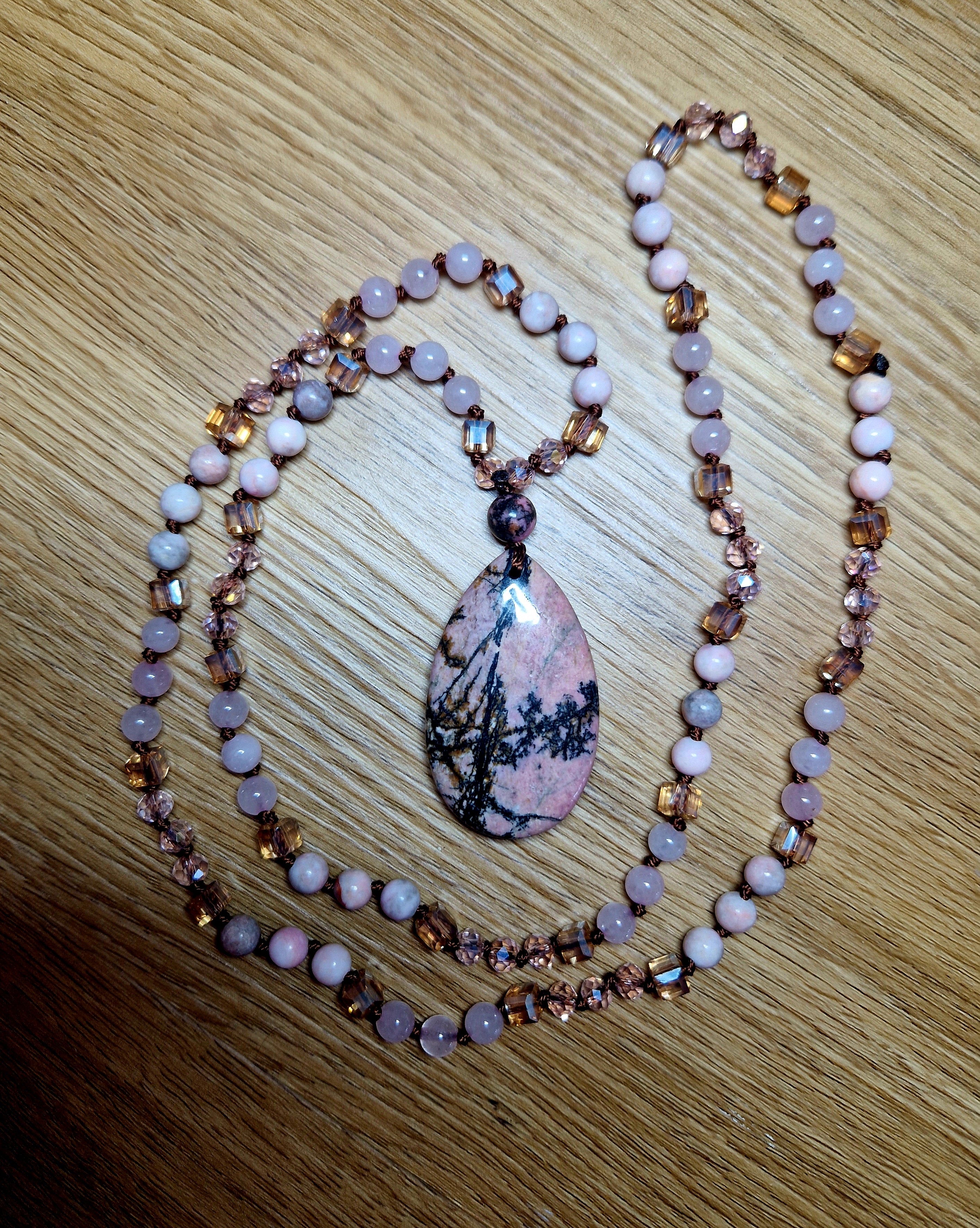 Rhodonit & Rosenquarz Halskette – handgefertigtes Unikat💗Lange Edelsteinkette