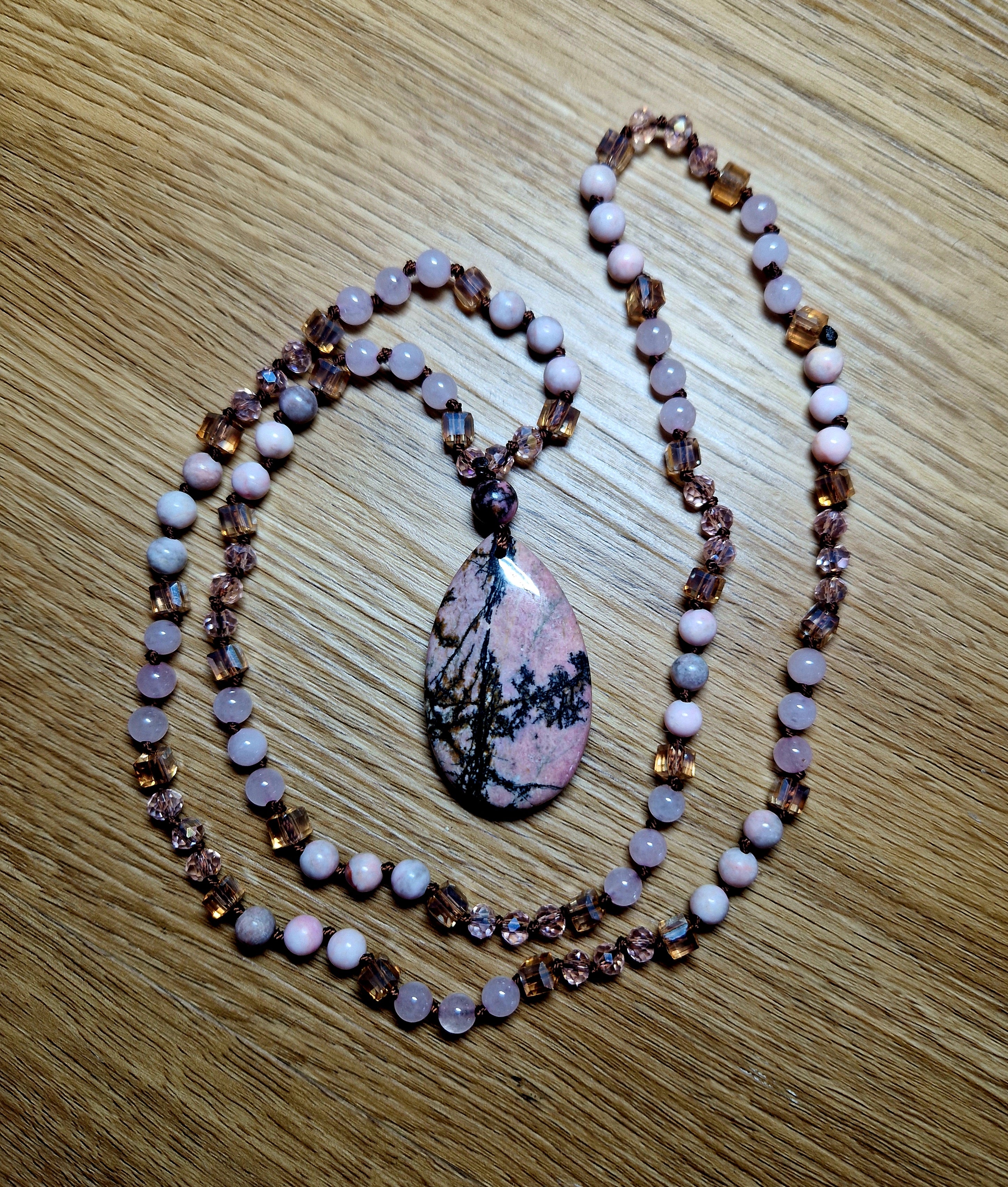 Rhodonit & Rosenquarz Halskette – handgefertigtes Unikat💗Lange Edelsteinkette