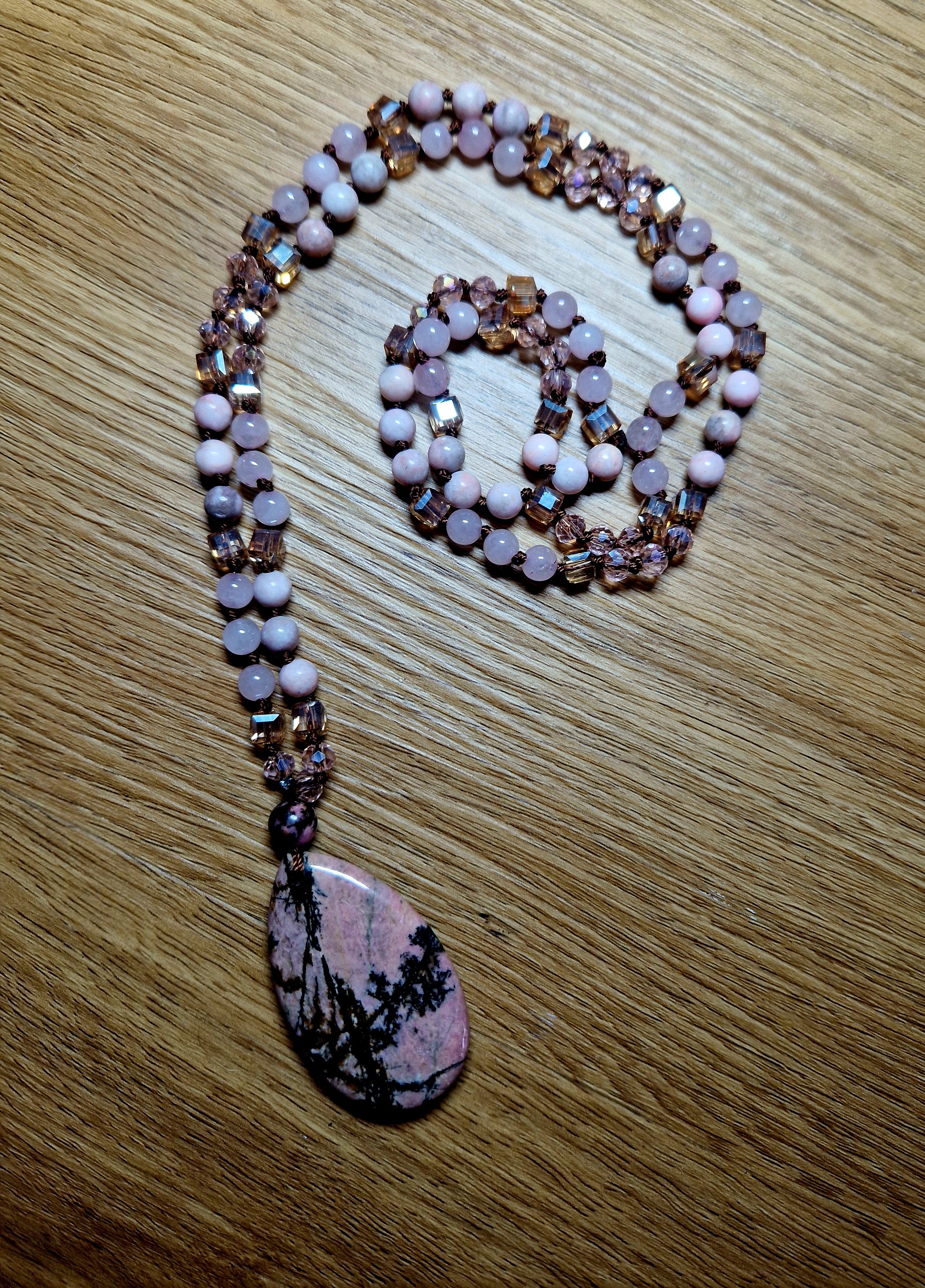 Rhodonit & Rosenquarz Halskette – handgefertigtes Unikat💗Lange Edelsteinkette