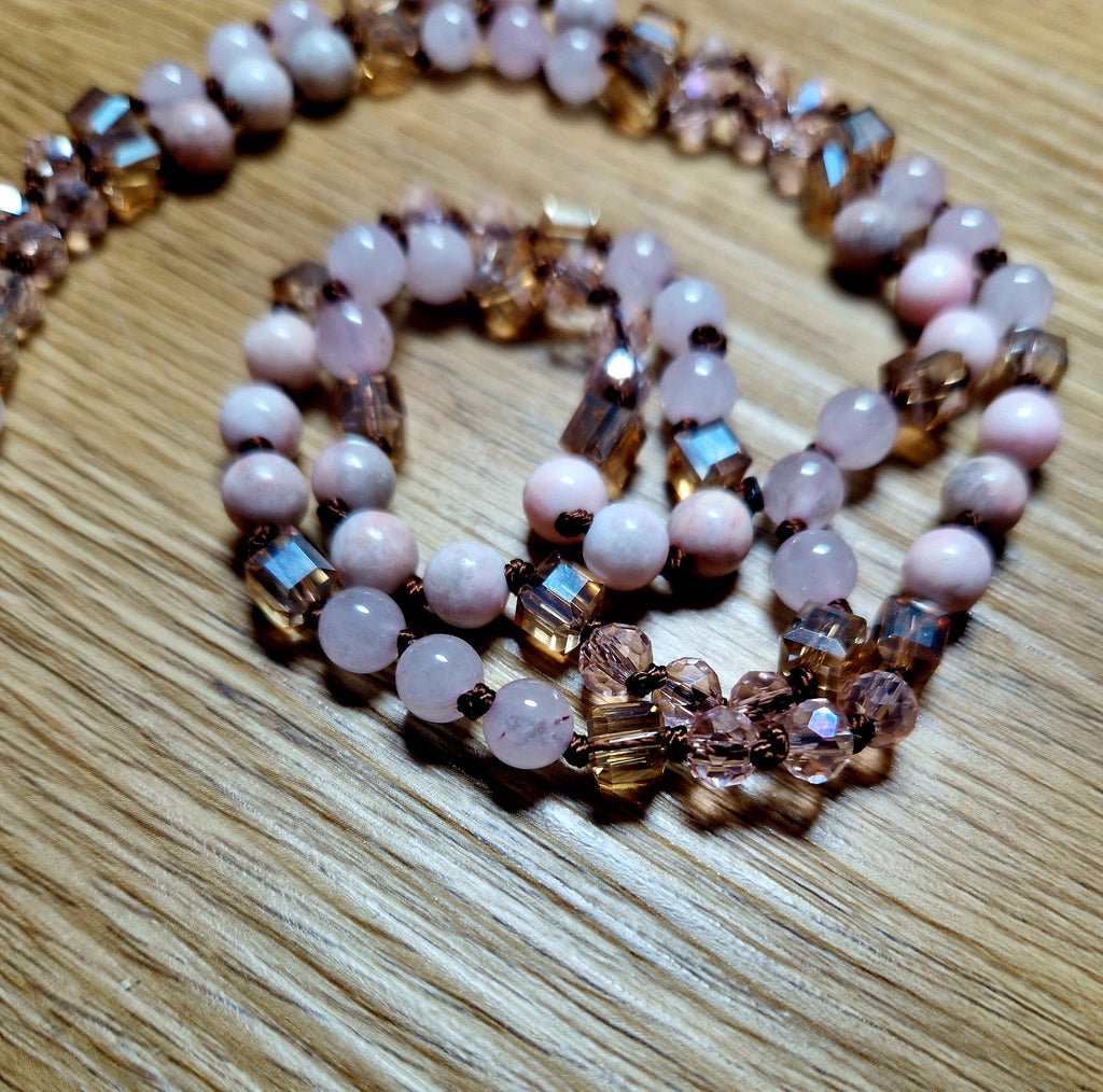 Rhodonit & Rosenquarz Halskette – handgefertigtes Unikat💗Lange Edelsteinkette