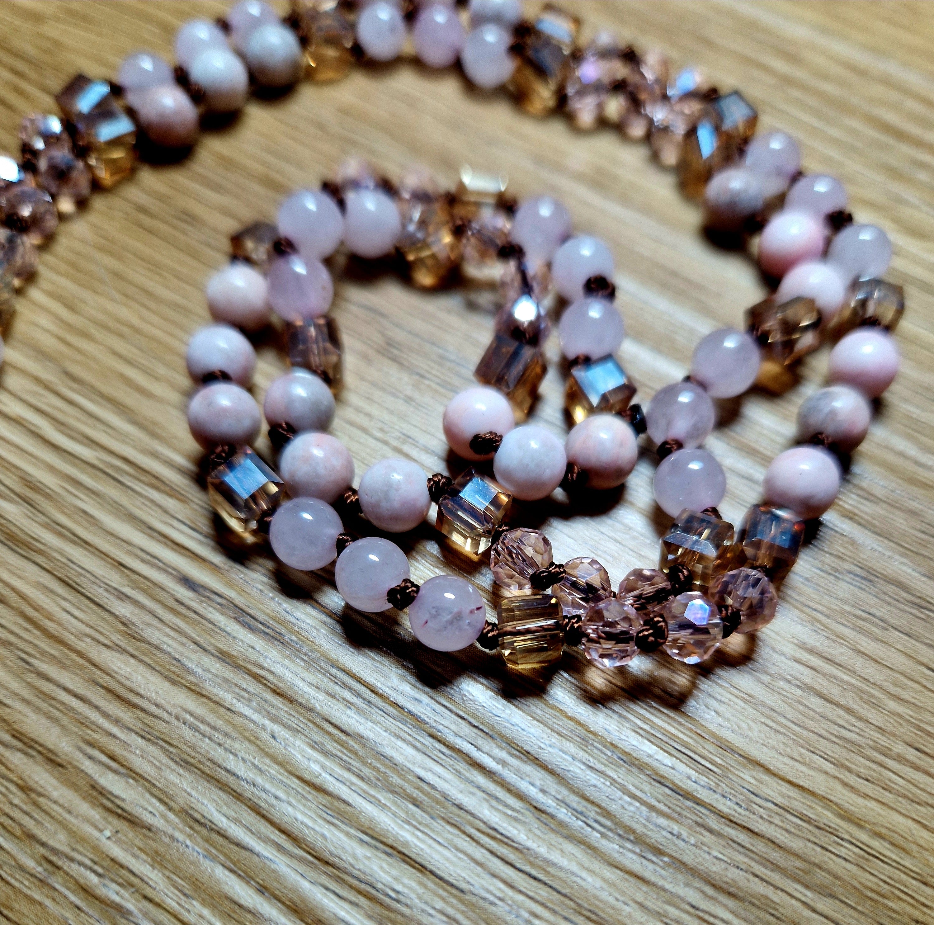 Rhodonit & Rosenquarz Halskette – handgefertigtes Unikat💗Lange Edelsteinkette