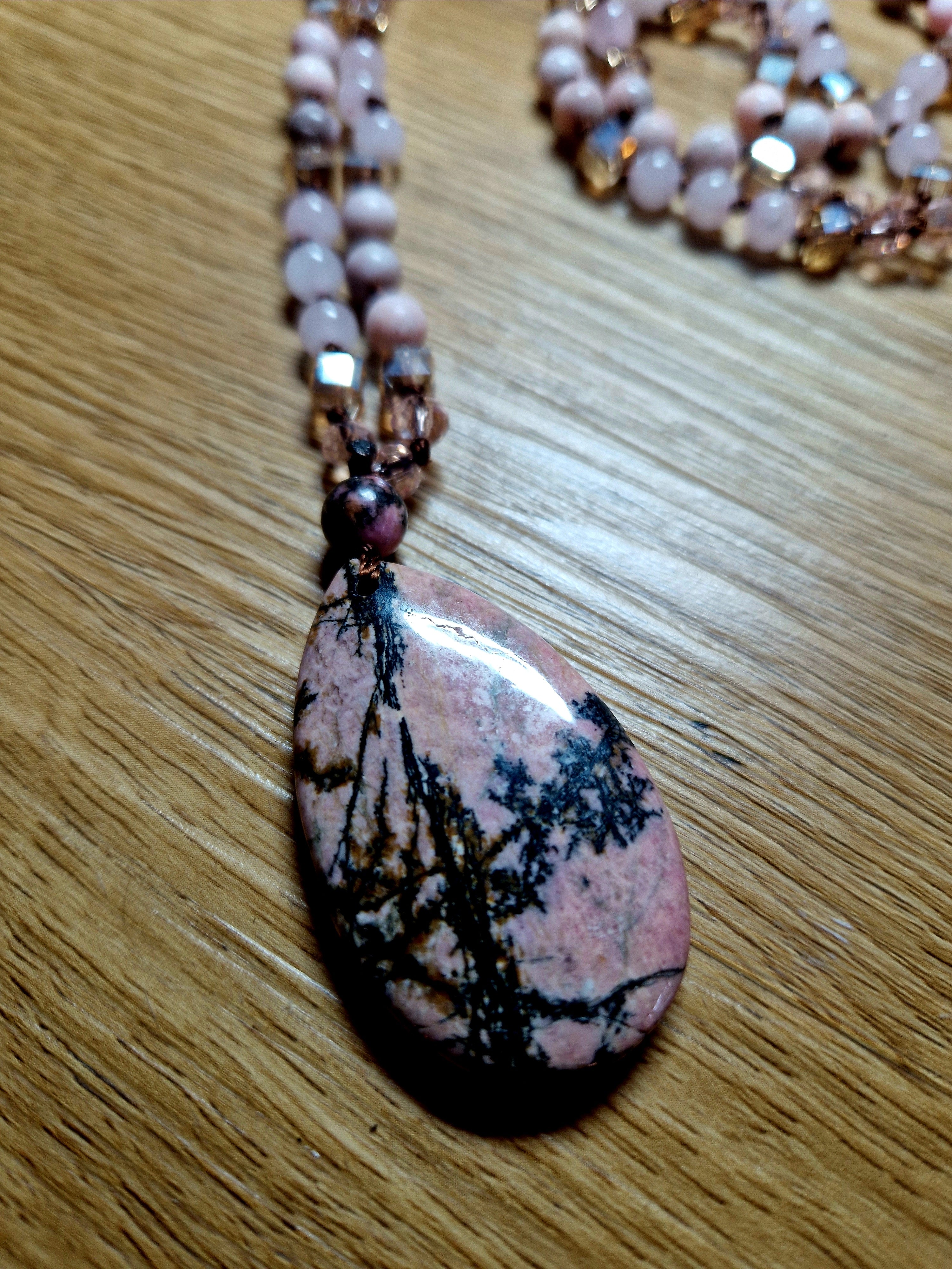 Rhodonit & Rosenquarz Halskette – handgefertigtes Unikat💗Lange Edelsteinkette