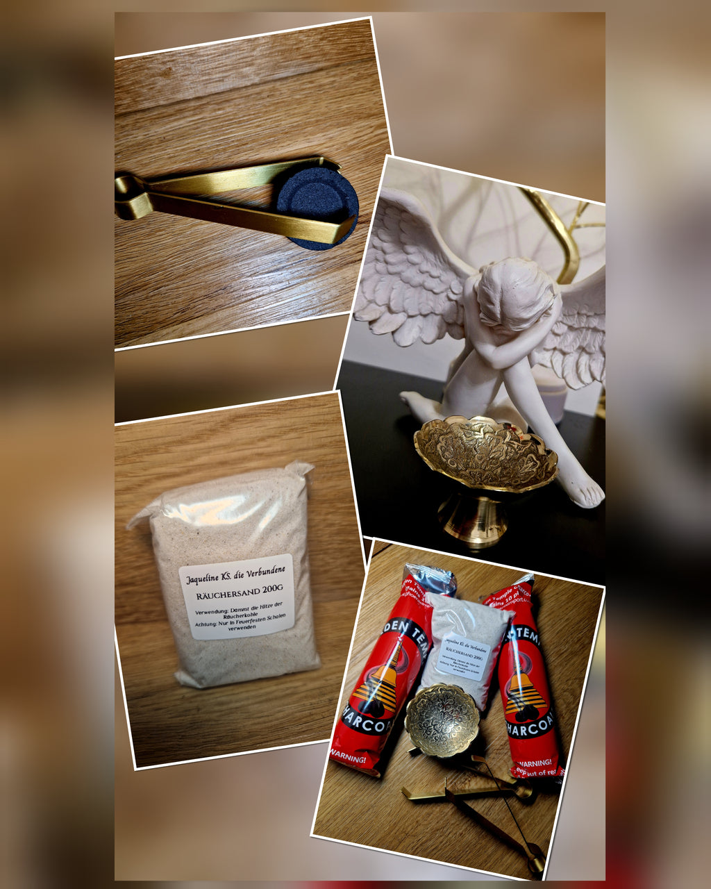 Goldenes Räucher-Komplettset – Messingschale, 2 Zangen, 33 mm Kohle & Sand