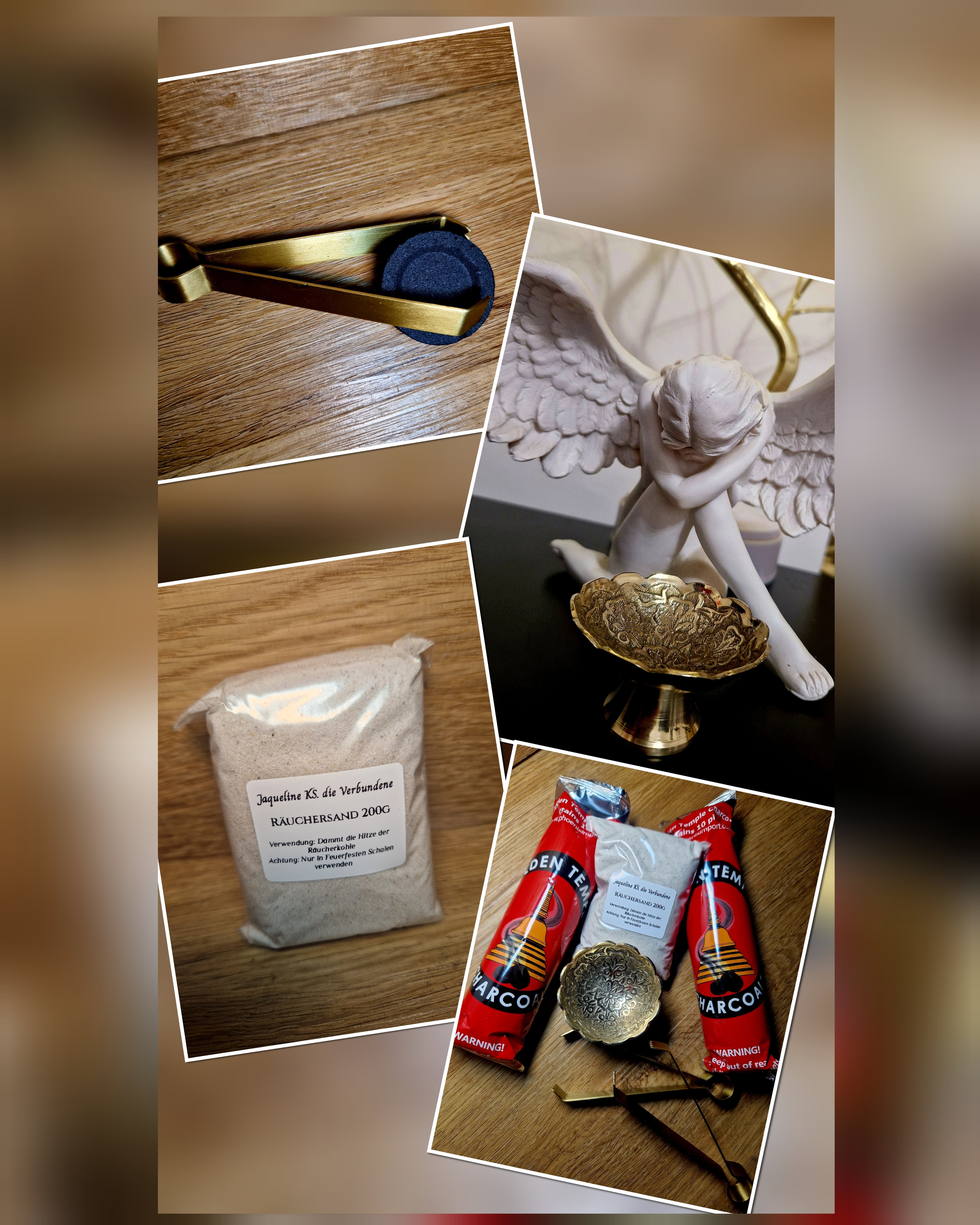 Goldenes Räucher-Komplettset – Messingschale, 2 Zangen, 33 mm Kohle & Sand