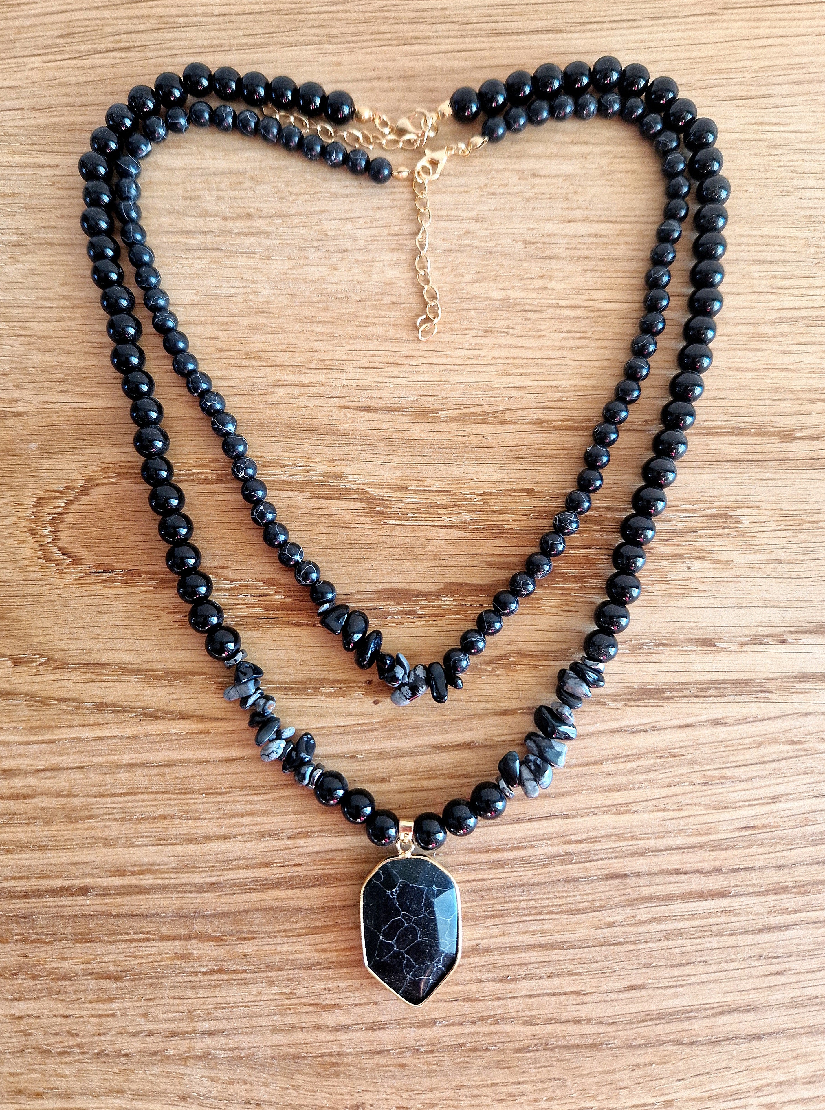 Obsidian Layering-Kette mit schwarzem Achat-Anhänger