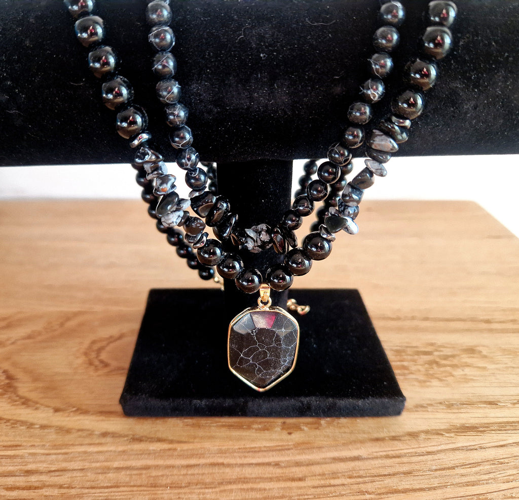 Obsidian Layering-Kette mit schwarzem Achat-Anhänger