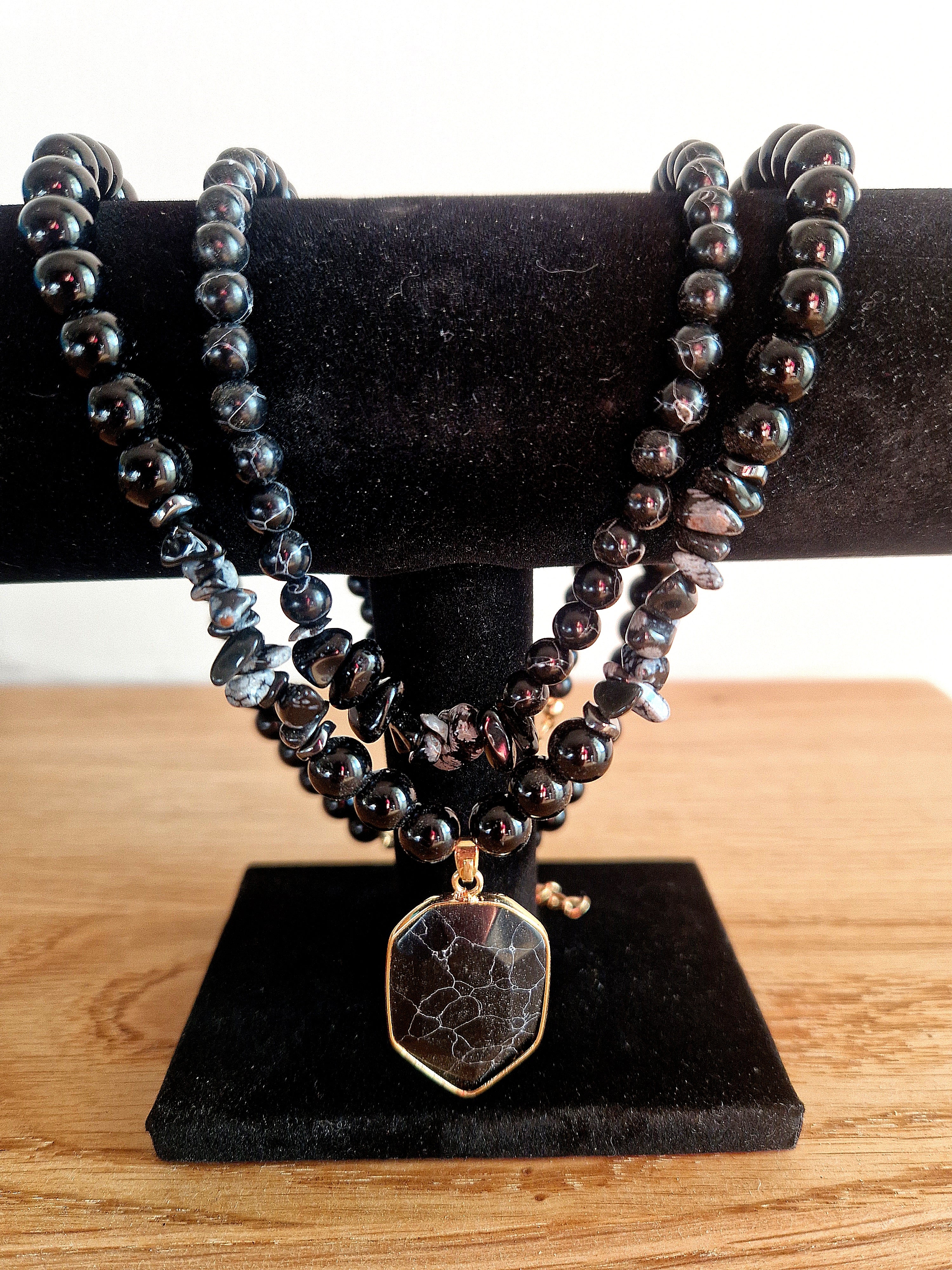 Obsidian Layering-Kette mit schwarzem Achat-Anhänger